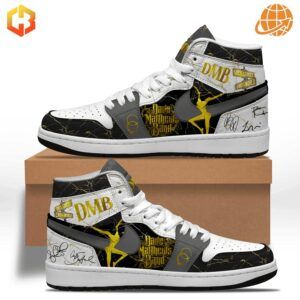 Dave Matthews Band Air Jordan 1 Shoes with black, white, and gold design, featuring DMB branding and a silhouette figure.