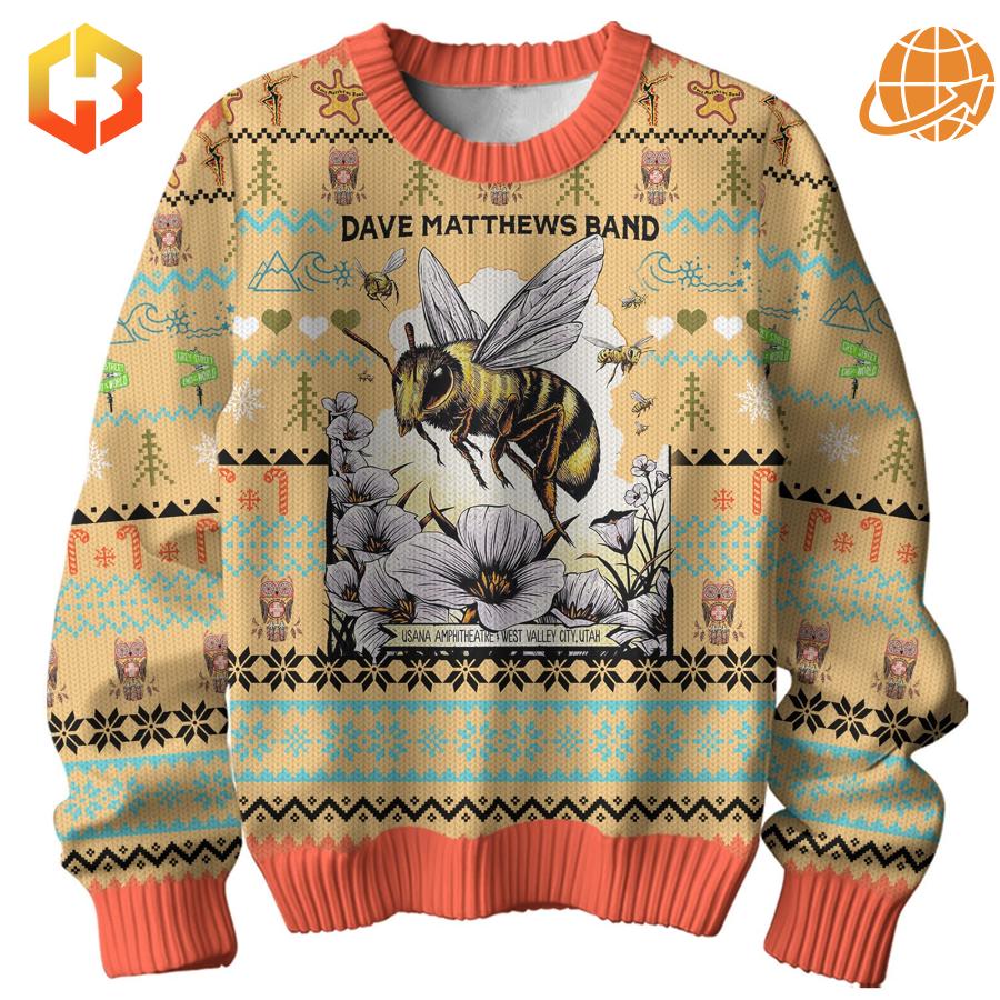 Dave Matthews Band Christmas Sweater with festive bee and floral design on the front.