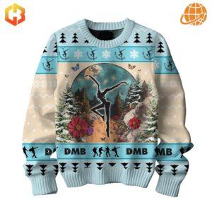 Detailed view of Dave Matthews Band Christmas sweater with dancer and nature motifs