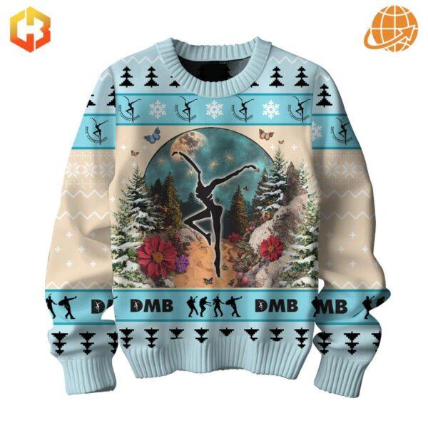 Detailed view of Dave Matthews Band Christmas sweater with dancer and nature motifs