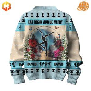 Rear view of Dave Matthews Band Christmas sweater with slogan and dancer image