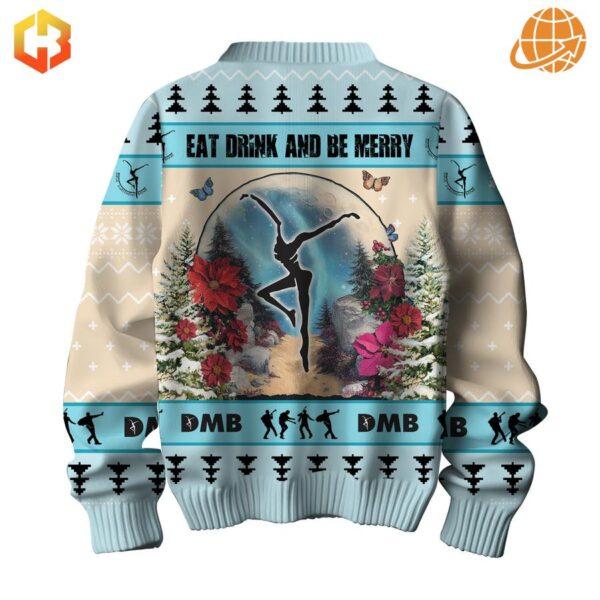 Rear view of Dave Matthews Band Christmas sweater with slogan and dancer image