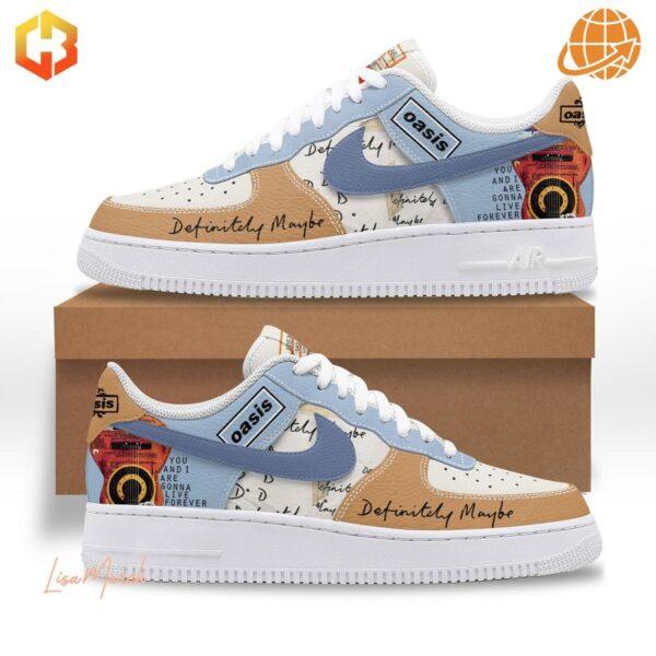 Detailed view of Oasis-themed Nike Air Force 1 sneakers with custom artwork and branding.