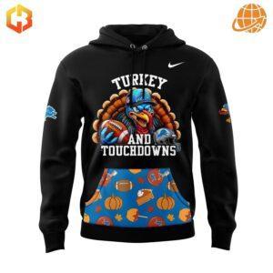 Detroit Lions Thanksgiving hoodie with turkey mascot design.