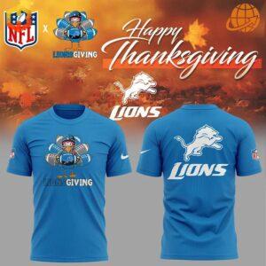 Front and back view of the Detroit Lions Happy Thanksgiving Day Shirt in blue with a turkey graphic and Lions logo.