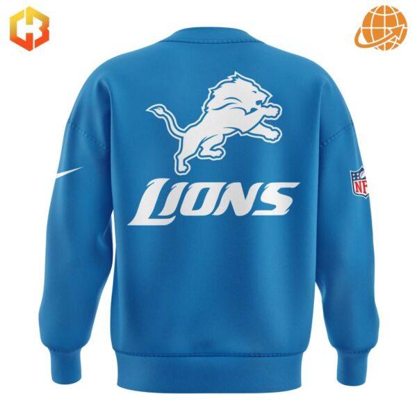 Festive sweatshirt featuring the Detroit Lions logo and a Thanksgiving theme.