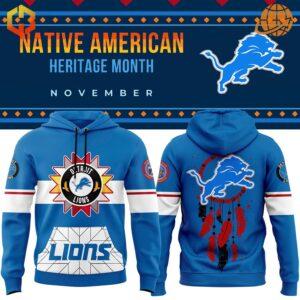 Detroit Lions Native American Heritage Month Hoodie featuring front and back designs with Native American-inspired patterns and team logos.