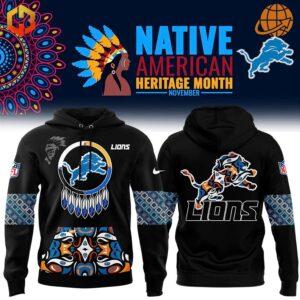 Black Detroit Lions Native American Heritage Month Hoodie with colorful front and back designs inspired by Native American art.