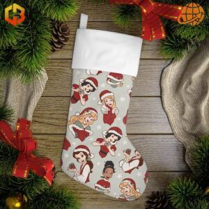 Disney Princess Christmas Stocking in festive holiday setting with pine branches and decorations.