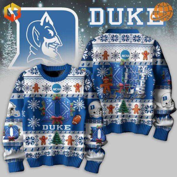 Duke Blue Devils sweater with festive holiday design featuring snowflakes and gingerbread men.