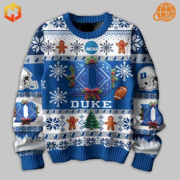 Cozy Duke Blue Devils Christmas sweater in blue and white with winter and team spirit elements.