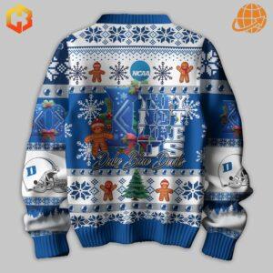 Duke Blue Devils fan sweater with sublimation print of snowflakes, Christmas trees, and team logo.