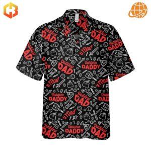 Full front view of Dungeon Daddy DND Hawaiian Shirt with all-over gaming-themed print.