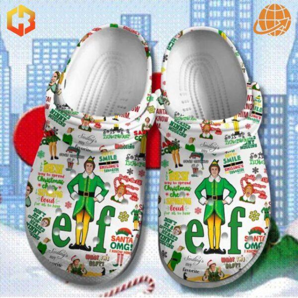 Custom Elf Movie Crocs Shoes with colorful Elf-themed graphics and quotes on a white base, set against a snowy city backdrop.