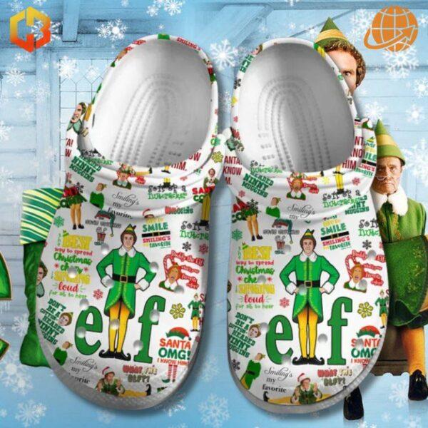 Custom Elf Movie Crocs Shoes displayed in a snowy scene, surrounded by characters from the film and featuring detailed Elf-themed graphics.