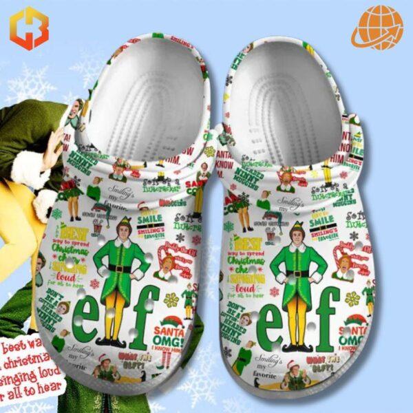 Custom Elf Movie Crocs Shoes with elaborate Elf-themed design, shown alongside a partial view of Buddy the Elf on a light blue, snowy background.