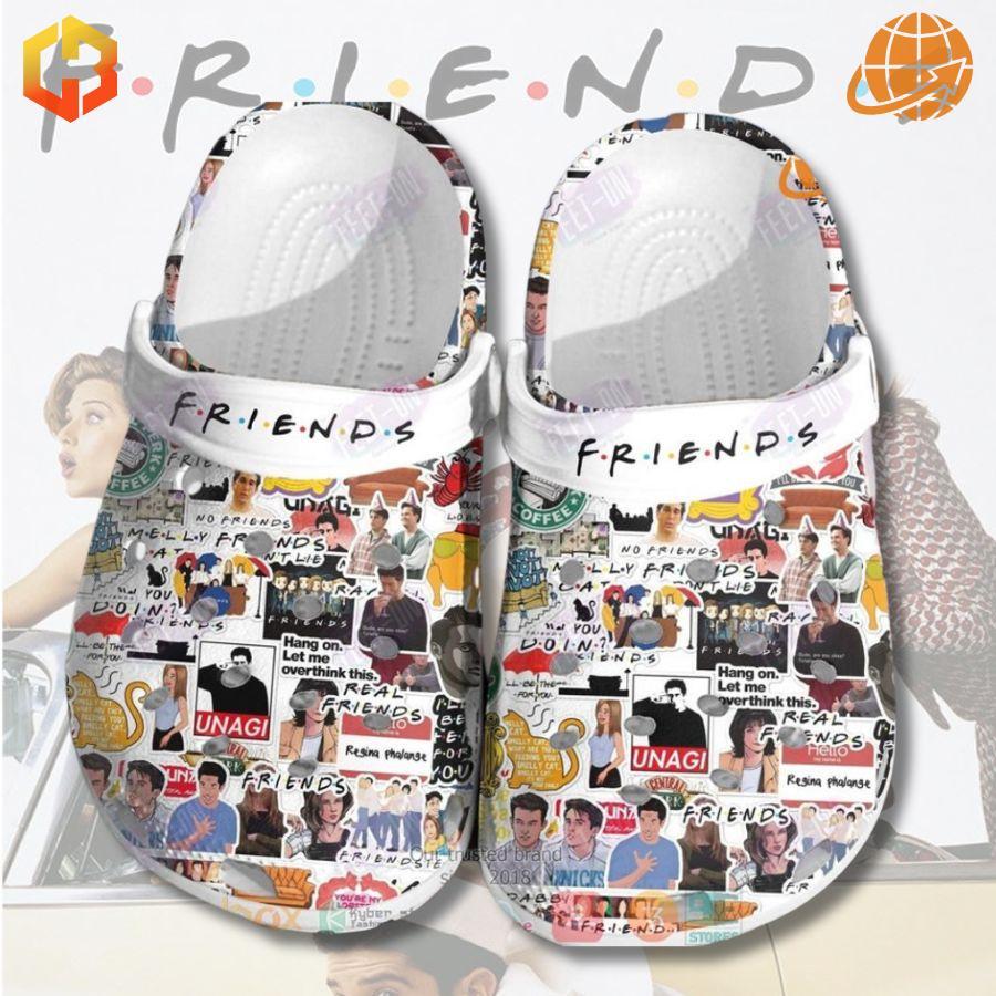 FRIENDS 30th Anniversary Crocs Shoes with collage design featuring show memorabilia and logo on white background.