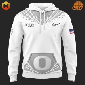 Front kangaroo pocket detail of Generation O Warp Speed Oregon Ducks Hoodie featuring gray accent graphics