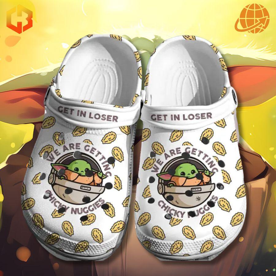 Baby Yoda Crocs with chicken nugget pattern on yellow background