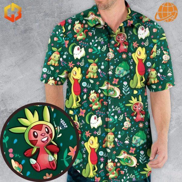 Embrace the spirit of nature with the Grass Type Pokemon Hawaiian Shirt, bringing your favorite leafy friends to life in a tropical style.