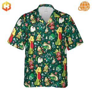 Front view of Grass Type Pokemon Hawaiian Shirt with all-over grass Pokemon print