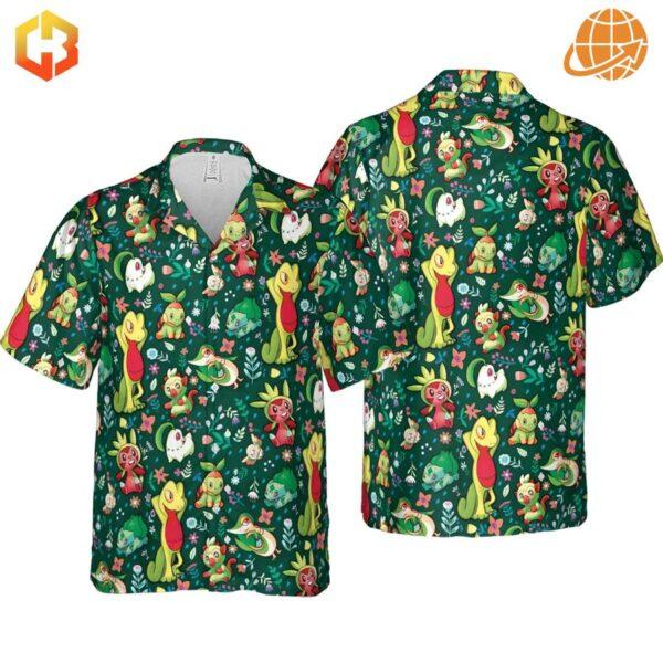 Front and back view comparison of Grass Type Pokemon Hawaiian Shirt