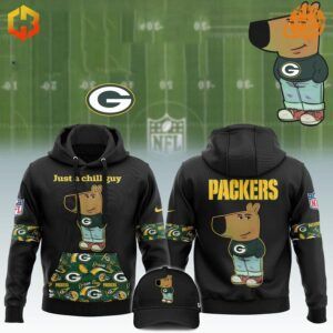 Green Bay Packers Just A Chill Guy Hoodie featuring a cartoon character design, gold “PACKERS” lettering, Packers-themed patterns, and official NFL and Nike logos.