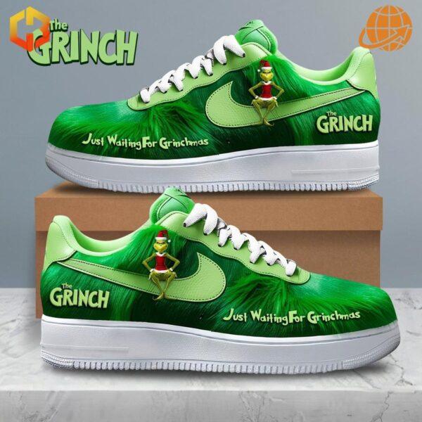 Playful Grinch-inspired Nike shoes with fuzzy upper and holiday-themed details.