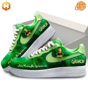 Custom Grinch-themed Nike sneakers featuring furry texture and Christmas motif.