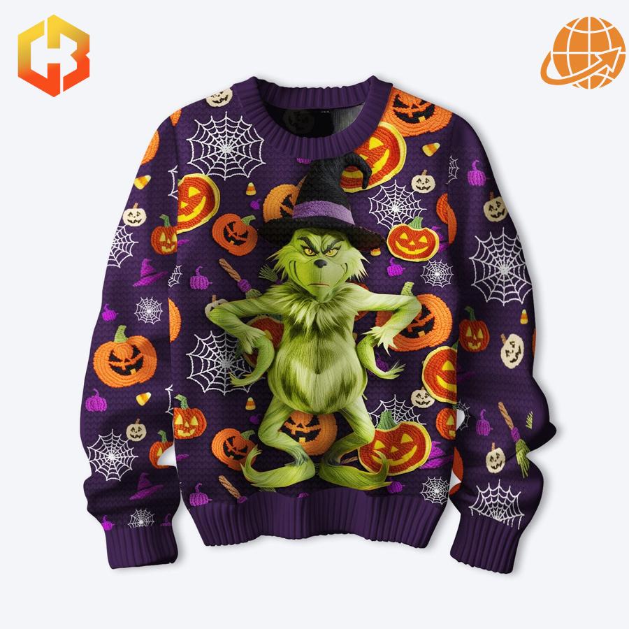 Halloween and Christmas-themed Grinch sweater with vibrant holiday print, showcasing the Grinch in a spooky-fun design.