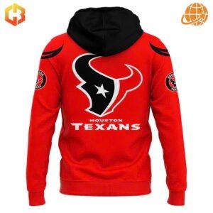 Back view of red Houston Texans hoodie with large team logo and text