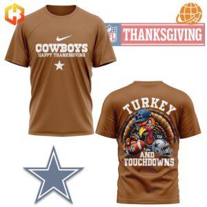 Brown Happy Thanksgiving Dallas Cowboys Shirt with "Cowboys Happy Thanksgiving" text on the front and a turkey in Cowboys gear on the back with the slogan "Turkey and Touchdowns."