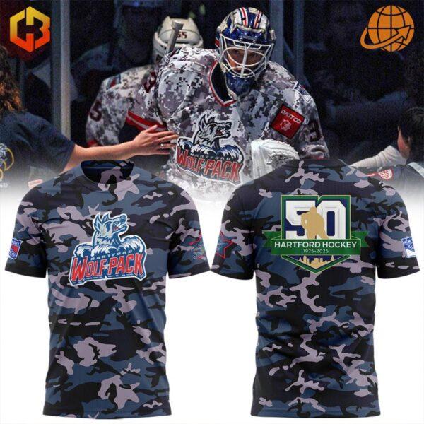 Hartford Wolf Pack camo jersey design with front and back views, and player wearing jersey during game.