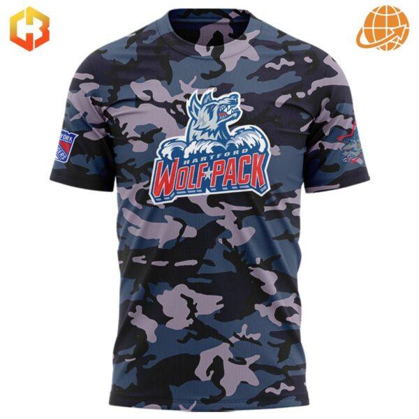 Close-up of Hartford Wolf Pack camo shirt front featuring wolf logo on blue camouflage background.