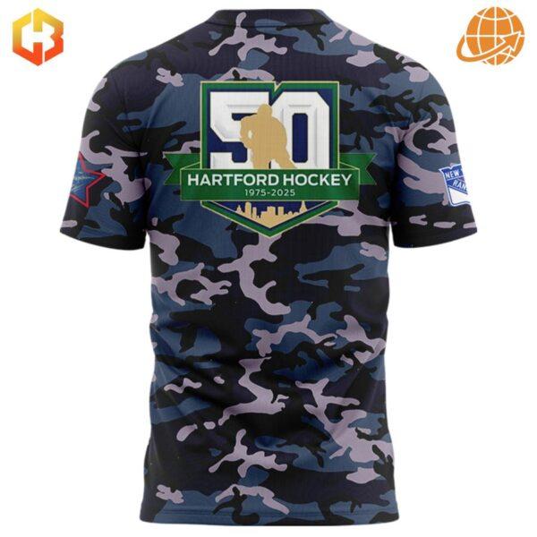 Rear view of Hartford Wolf Pack camo shirt with 50 years of Hartford Hockey commemorative logo.