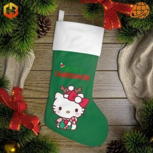 A green Christmas stocking with a white cuff and the image of Hello Kitty wearing a red bow and holding a candy cane, surrounded by festive decorations.