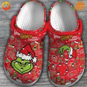 "Red How Grinch Stole Christmas Crocs Shoes featuring Grinch-themed holiday prints with breathable ventilation holes