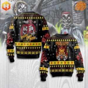 Insane Clown Posse Christmas sweater with clown faces and holiday patterns