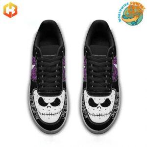 Side view of Jack Skellington Nike Air Force Shoes displaying white Nike swoosh, character name, and intricate Halloween Town-inspired patterns.