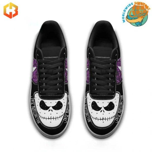 Side view of Jack Skellington Nike Air Force Shoes displaying white Nike swoosh, character name, and intricate Halloween Town-inspired patterns.