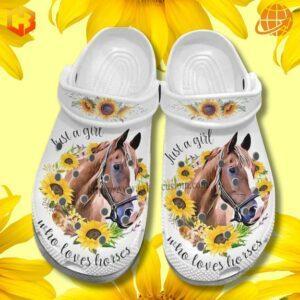 White Just A Girl Who Loves Horses Sunflower Crocs Shoes with a horse graphic surrounded by sunflowers.