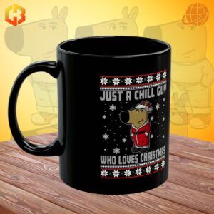 Holiday-themed black mug with minimalist design and festive typography