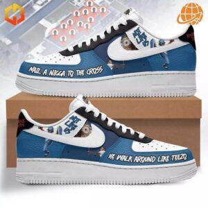 Kendrick Lamar Not Like Us Air Force 1 Shoes in blue and white with custom graphics and text.