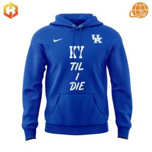 Close-up of Kentucky Wildcats KY Til I Die Hoodie featuring vertical text design and team logos