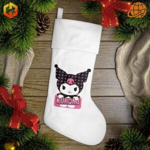 Hello Kitty Kuromi Melody Christmas Stocking featuring Kuromi character, displayed on wooden background with pine branches and holiday decorations.