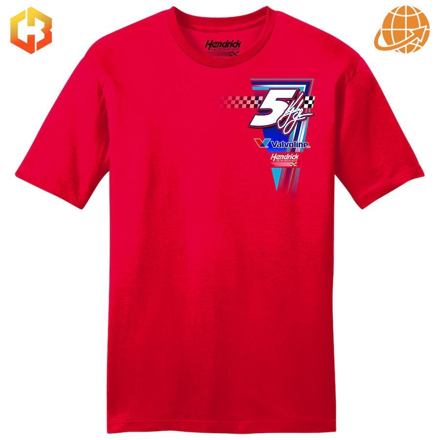 Front view of Kyle Larson NASCAR shirt showing number 5 and sponsor logos on red background.