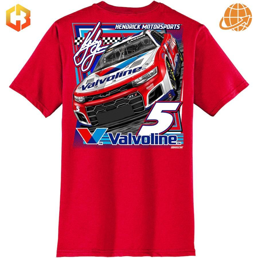 Back of Kyle Larson NASCAR shirt with race car image, number 5, and Valvoline sponsorship on red fabric.