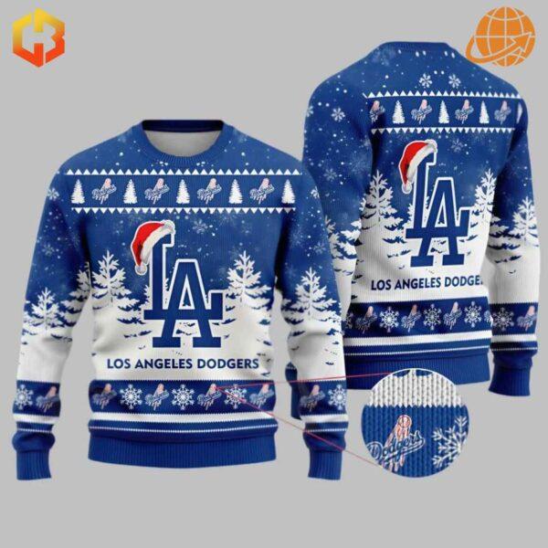 Los Angeles Dodgers Christmas Sweater with festive design featuring team logo, Santa hat, snowflakes, and winter scene on royal blue background.