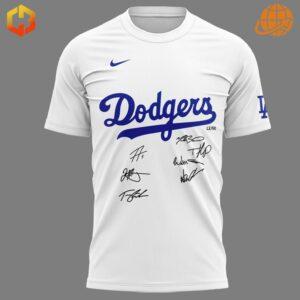 Front view of the Los Angeles Dodgers Decoy Dog Shirt in white, featuring the Dodgers script logo and player autographs.