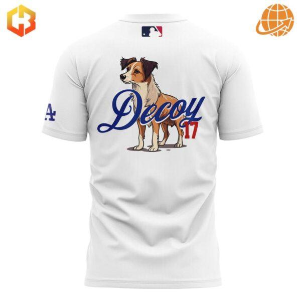 Back view of the Los Angeles Dodgers Decoy Dog Shirt in white, featuring an illustration of Decoy the dog, his name in script, and the number 17.